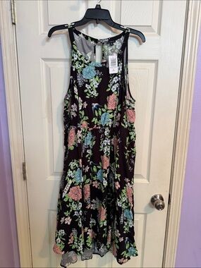 torrid Black Floral Midi Dress with Blue and Pink Blooms